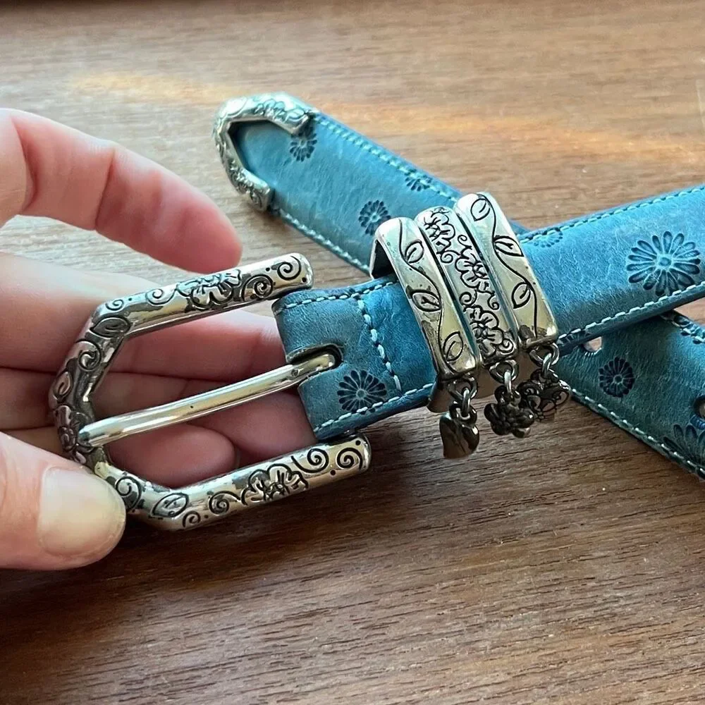 Brighton Blue Floral Tooled Leather Belt Charm Western Boho Y2K ML 32